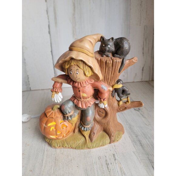 Vintage ceramic scarecrow light up pumpkin Crow cat Halloween decor - Picture 1 of 8